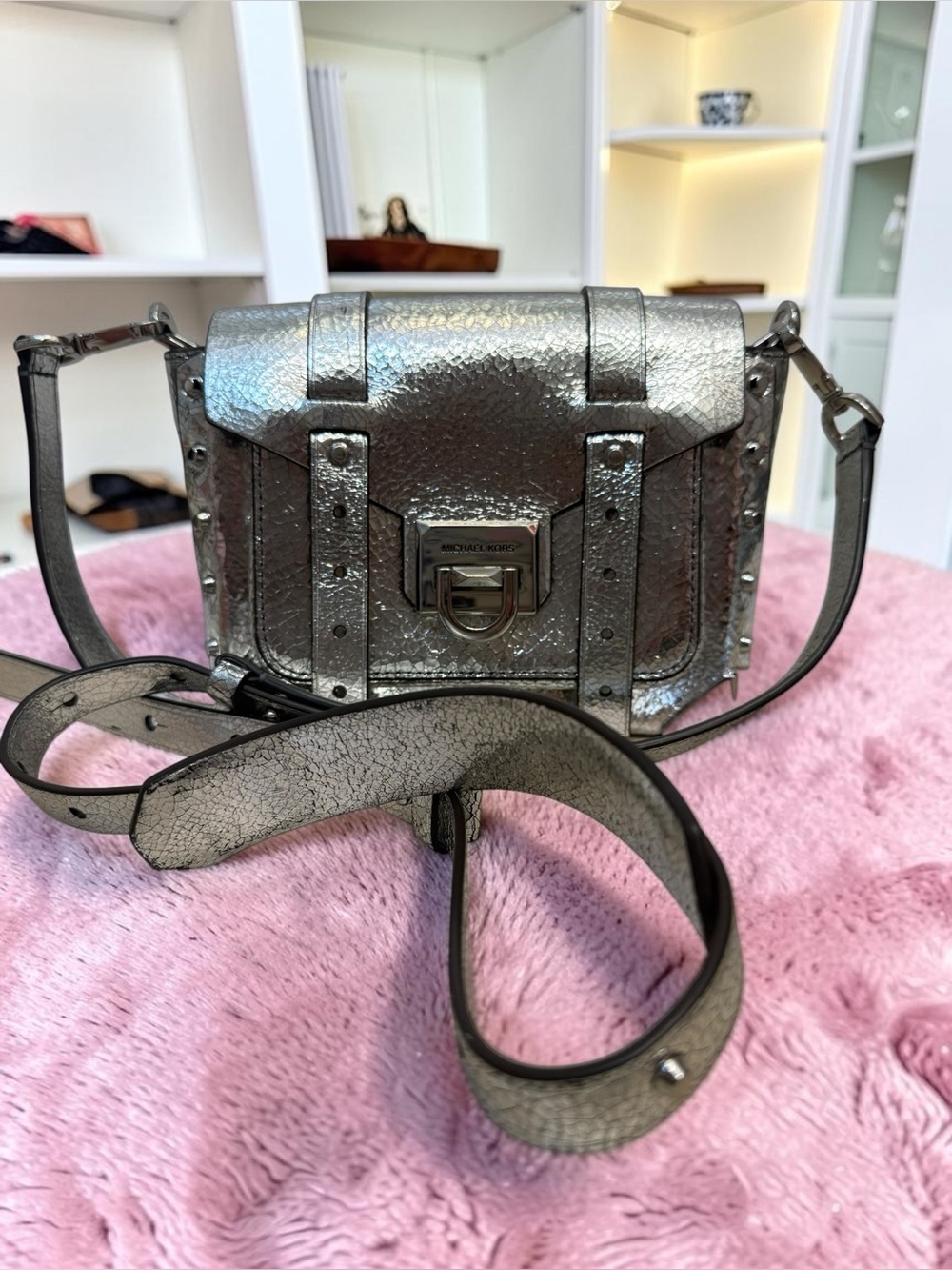 Michael Kors Metallic Silver Crackle Leather Crossbody